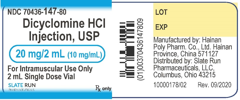 Dicyclomine HCl 10 mg / mL Injection Single-Dose Vial 2 mL by Slate Run Pharmaceuticals LLC  ID 70436-0147-81